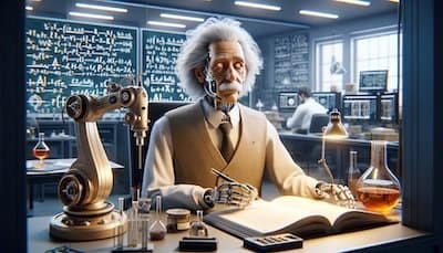 In this thought-provoking scene, a humanoid robot bearing the likeness of Albert Einstein is meticulously jotting down notes in a physicist's laboratory