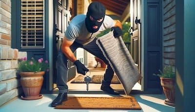 A classic thief with a black mask, slyly lifting up a welcome mat on a house's porch to reveal a hidden front door key underneath, symbolizing the importance of security and the risks of unsafe practices