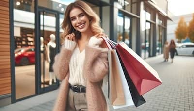 A delighted customer is seen exiting a store, beaming with happiness as she carries multiple shopping bags, embodying the satisfaction and joy of a successful shopping spree