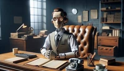 A humanoid robot with human-like eyes, dressed in a 1950s industrial style, sits authoritatively behind a large office desk, embodying the role of a boss in a classic office setting