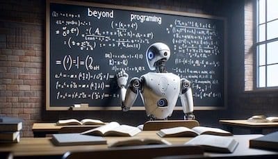 A humanoid robot stands in a classroom, meticulously writing complex mathematical equations and programming code, featuring the '%' symbol, on a traditional blackboard
