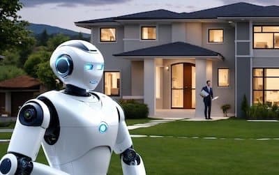 A robot real estate agent standing on the lawn of a contemporary house, greeting a potential human buyer, illustrating the integration of AI in property sales