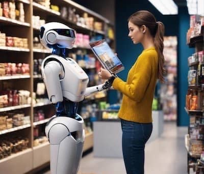 A woman in a yellow sweater is reading a product label while interacting with a white humanoid robot in a grocery store aisle