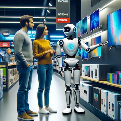 A futuristic humanoid robot with a sleek white and blue design is assisting a couple in an electronics store
