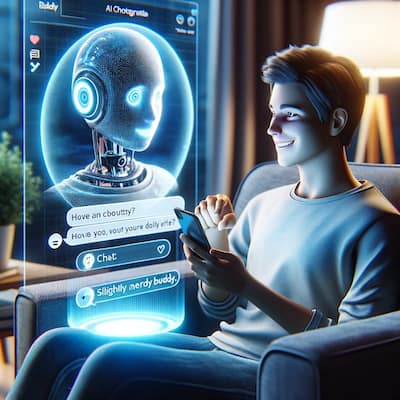 A person in a modern living room engaging with a holographic AI chat interface on their smartphone, showing ChatGPT's Impact on Daily Chats