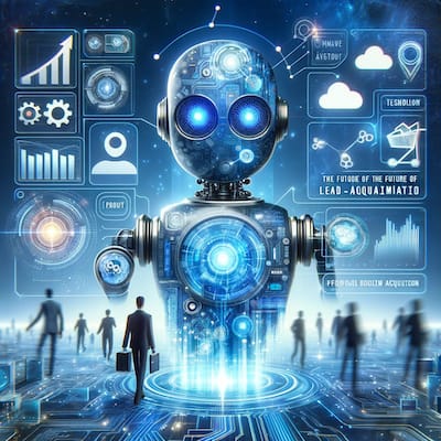 A futuristic representation of chatbots for lead generation, featuring a spherical robot with glowing blue eyes amidst a digital landscape