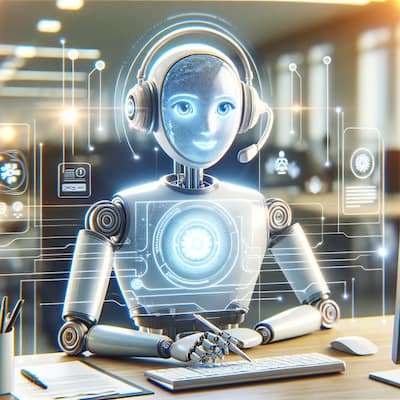 Digital illustration of a humanoid robot with a friendly face, sitting at a desk with its hands resting on the keyboard. The robot is equipped with headphones and surrounded by futuristic holographic interfaces displaying various digital icons and graphs, suggesting a high-tech workspace