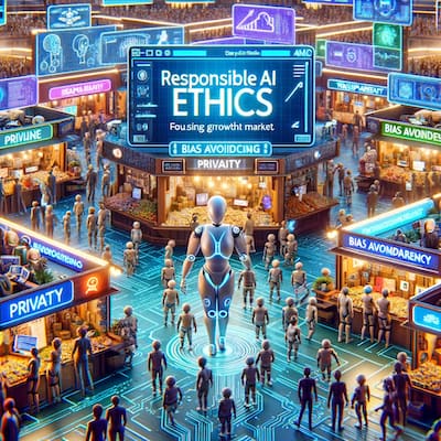 A hyper-realistic illustration for a blog post about the thriving AI ethics market. It showcases a digital marketplace teeming with activity, where humanoid robots are interacting with various stalls