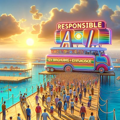 A hyper-realistic illustration for a blog post, depicting a colorful and inviting 'Responsible AI' bandwagon sailing on a vast, tranquil ocean. The bandwagon, vibrant and lively, is filled with enthusiastic individuals from diverse backgrounds, all coming together to learn about and contribute to the field of AI ethics