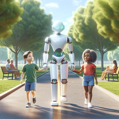 A hyper-realistic illustration for a blog post about responsible AI in chatbots, capturing a warm and touching moment in a serene park. It features a humanoid robot, designed with a friendly and approachable look, walking hand-in-hand with two children, a boy and a girl of diverse ethnic backgrounds