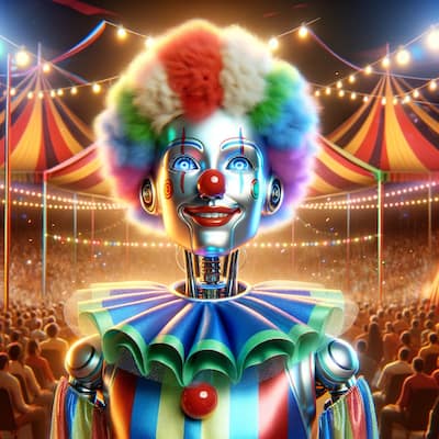 A hyper-realistic illustration for a blog post about responsible AI, featuring a humanoid robot center stage in a circus, dressed as a colorful clown