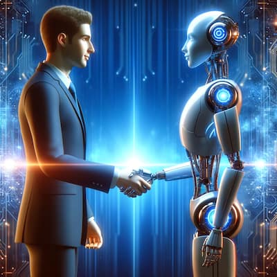 An illustration for a blog post about responsible AI in chatbots, depicting a human and a robot in a handshake. The human, a male figure in a business suit, represents human ethics and values.