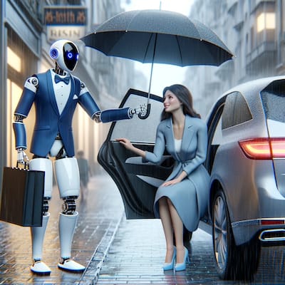 Humanoid robot displaying chivalry by opening a car door and holding an umbrella for a woman on a rainy street, illustrating respectful and considerate AI behavior