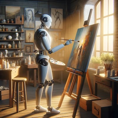 A humanoid robot, equipped with a painter's palette, gracefully applies brush strokes to a canvas in a sunlit atelier, surrounded by art supplies and plants