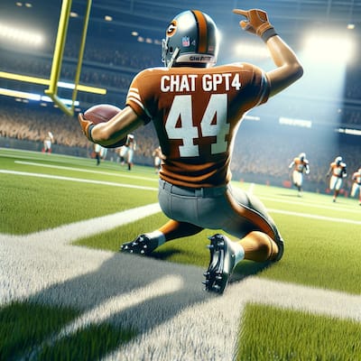 A digital football player wearing a jersey with 'CHAT GPT4' on the back celebrates a touchdown in a stadium