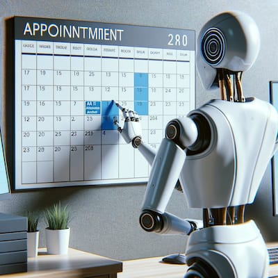 In an orderly office, a sleek humanoid robot is poised to mark a date on a large wall calendar labeled 'APPOINTMENT', illustrating the precision and organizational capabilities of LLM chatbots