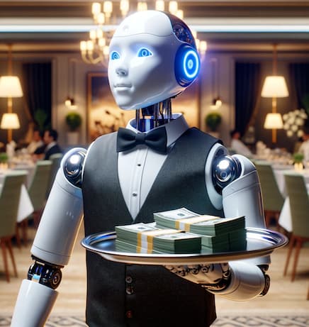 Close-up of a humanoid robot waiter dressed in a formal vest and bow tie, holding a tray with a neat stack of cash, in an opulent restaurant setting, symbolizing the integration of robotics in luxury service