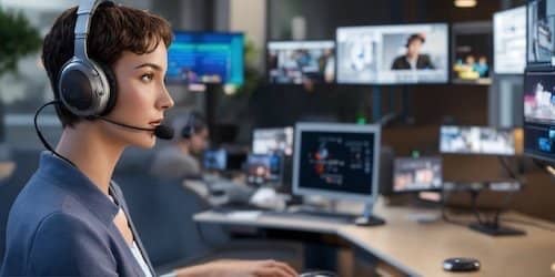 A woman with a headset in a control room with multiple computer monitors, representing customer service automation through advanced chatbot platforms