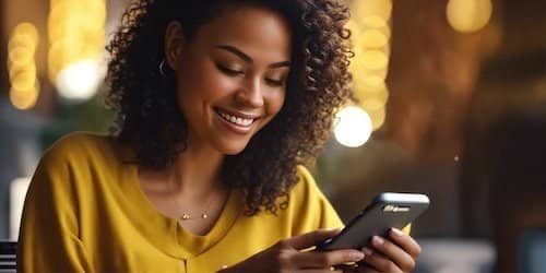 A cheerful young woman with curly hair and a bright yellow top smiles as she looks at her smartphone uning chatbot for eCommerce