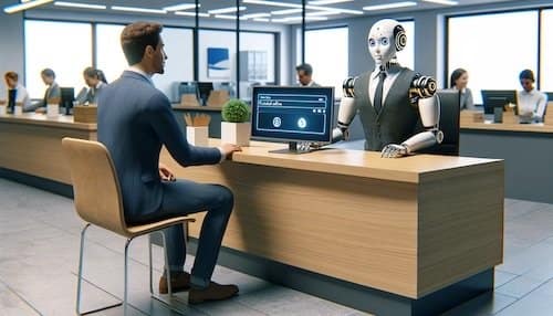 A humanoid robot, attired as a financial adviser, is seated behind a desk in a bank, attentively providing financial consultation to a customer