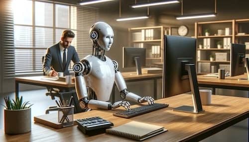 In a modern office setting, a humanoid robot secretary efficiently works at its desk, while the boss is focused on his work at his desk in the background