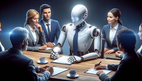 A humanoid robot attentively taking notes on a notepad, seated at a table surrounded by a group of diverse humans engaged in discussion