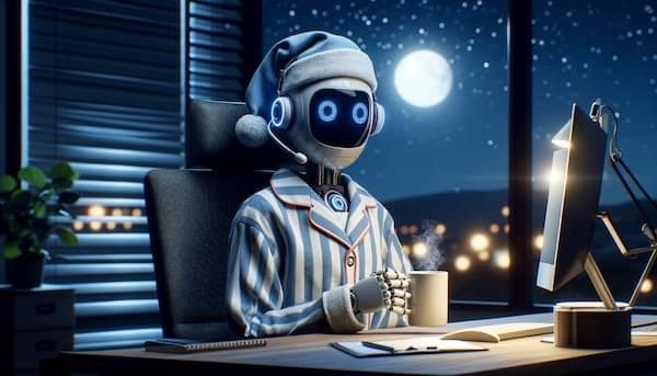 A humanoid robot, dressed in cozy pajamas and a sleeping hat, working at a home office desk during the night