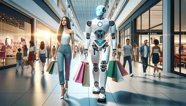 A humanoid robot and a fashionable woman walk side by side in a shopping mall, the robot carrying several bags from a recent shopping spree