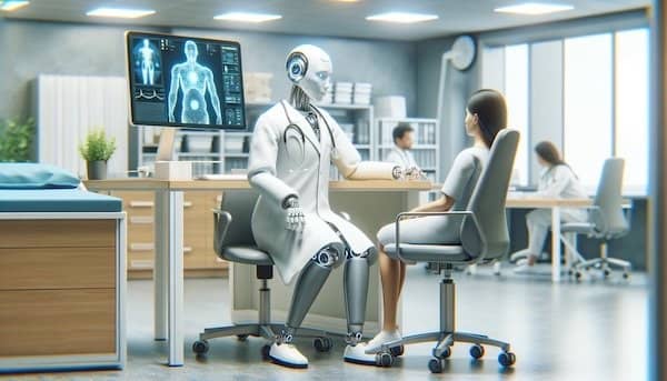 A humanoid robot in a doctor's coat, working as a medical professional, is seen consulting with a patient in a well-equipped hospital office