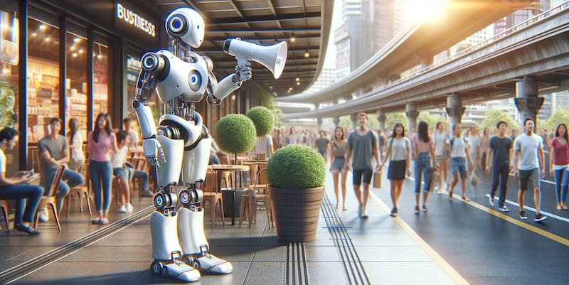 A humanoid robot stands on a walkway in front of a bustling business venue, holding a megaphone to address the crowd