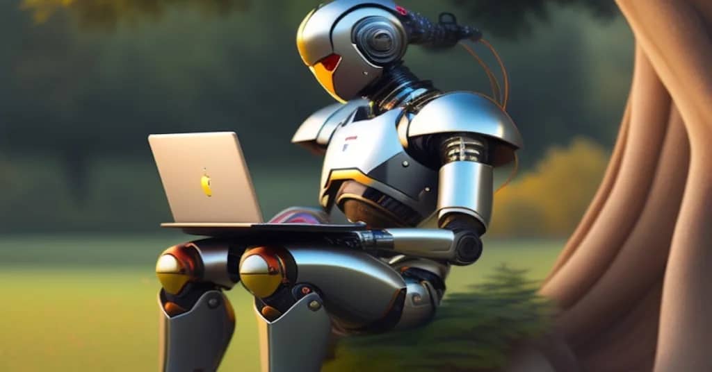 humanoid robot with a laptop