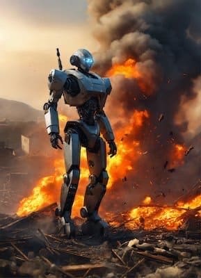 Is Artificial Intelligence a Threat? A robot with a metallic silver finish stands amidst burning debris and billowing smoke, illustrating a post-apocalyptic scenario