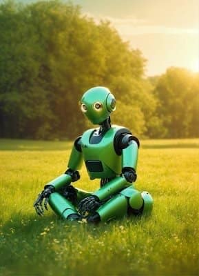 A green robot with large, round eyes sits peacefully in a lush meadow, bathed in the warm glow of sunlight