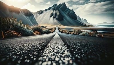 Close view of a road extending to the horizon, symbolizing the journey of mastering ethical AI chatbots in a scenic landscape