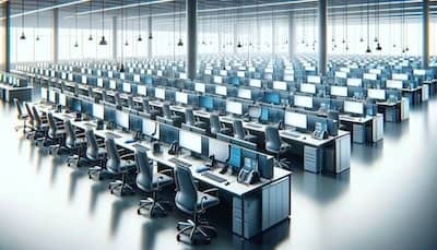 Empty call center desks with computers and headsets, symbolizing the transition to ethical AI chatbots in customer service roles