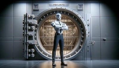 Robot security officer stands guard at a modern bank vault door, symbolizing high-tech asset protection