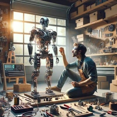 A highly detailed and realistic image of a man in a garage, focused on building a humanoid robot, surrounded by tools, mechanical parts, and electronic components