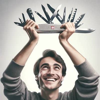 A person joyfully holding up a Swiss knife as a trophy, smiling broadly to celebrate the multifunctional utility and versatility of this essential tool.