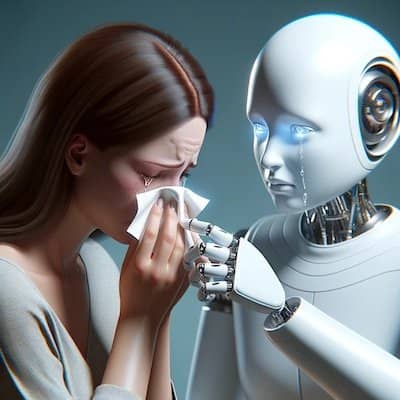 An empathetic humanoid robot offers a tissue to a tearful woman, illustrating the compassionate capabilities of Empathetic Chatbots in HubSpot